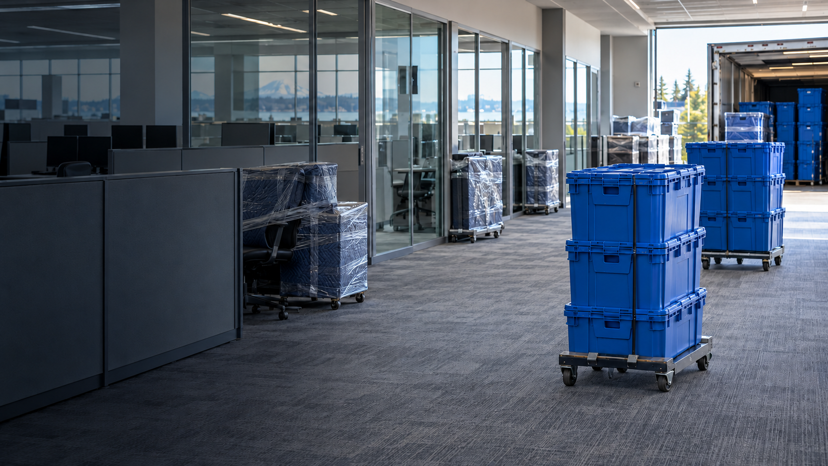 Blue relocation crates and protected office furniture staged for a commercial move
