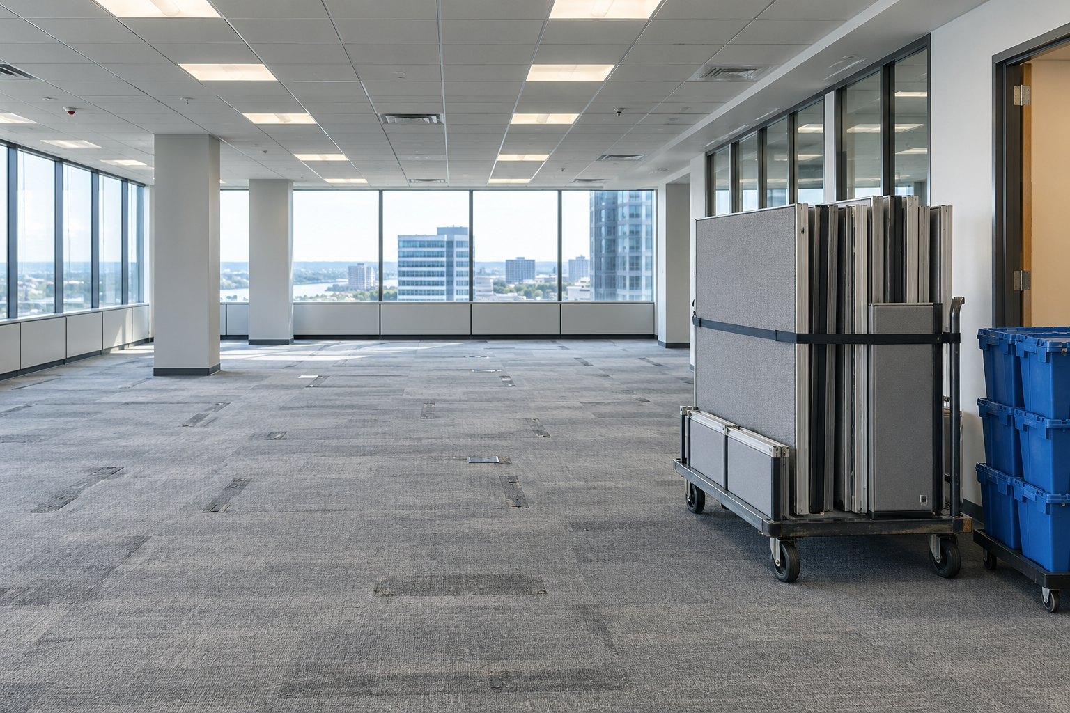 Cleared institutional office with disassembled panels organized for removal